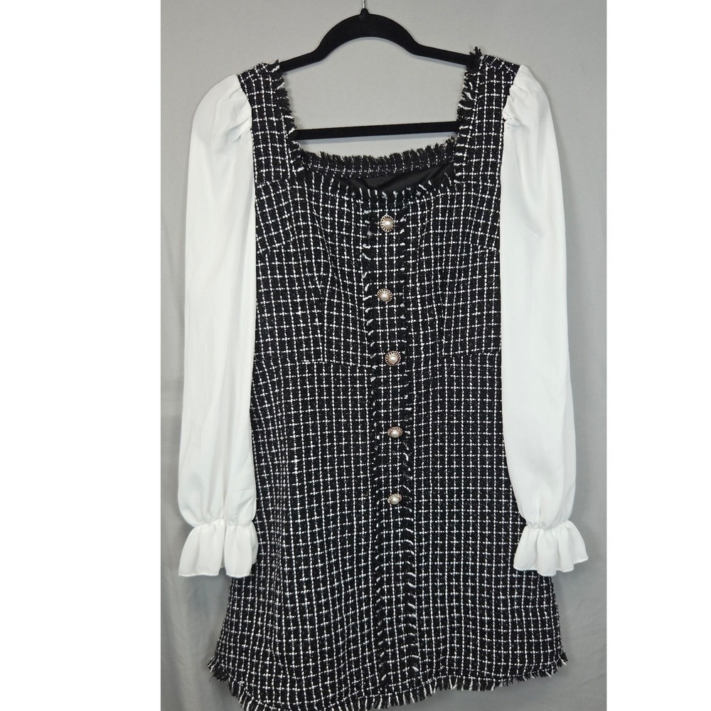 WDIRARA Tweed Mini Dress Women S Black White Faux Pearl Fringed Long Sleeve New